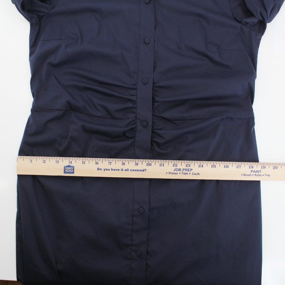 LUISA CERANO Dark Blue Cotton Stretch Shirt Dress Ruched Front Button Midi SZ 10 - Picture 15 of 15